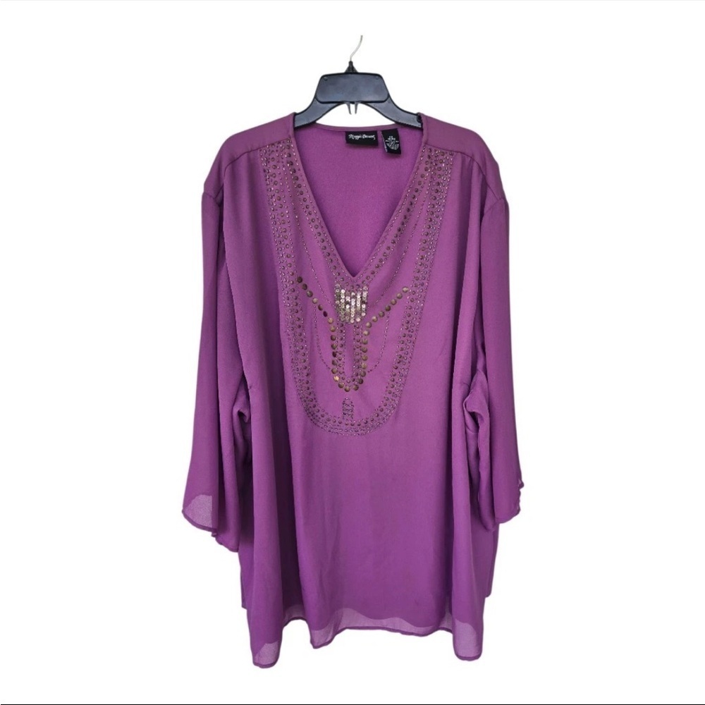 Maggie Barnes 6X Purple Embellished Tunic Blouse Plus Size Beaded V-Neck Sheer